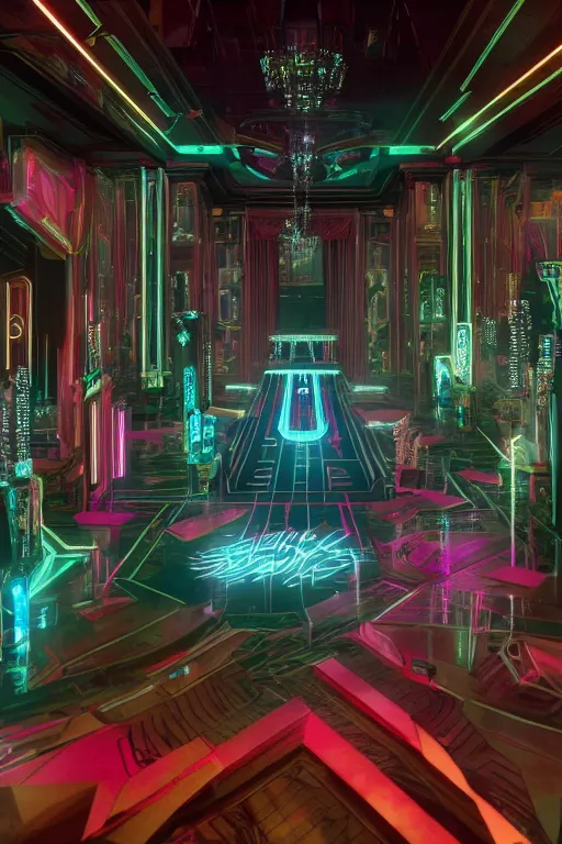 Prompt: a cyberpunk lavish party in a mansion from the great gatsby in the world of tron, flash photography, raytracing, 8 k, octane render, volumetric, vivid, beautiful, hyperrealism