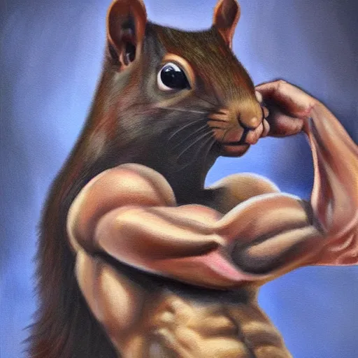 Image similar to oil painting of a muscular!!!! squirrel with bulging!! human!! biceps!!!!, 8 k, high quality