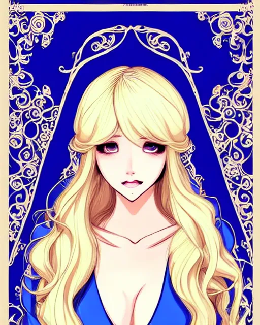 Image similar to a blonde woman wearing a blue veil and blue robes with ornate patterns, webcomic style | | very very manhwa!!!, fine - face, realistic shaded perfect face, fine details. manhwa. realistic shaded lighting poster