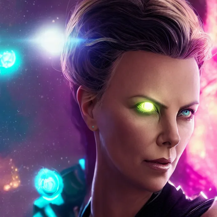 Image similar to portrait of ((((Charlize Theron)))), wearing The Infinity Gauntlet. SNAP. intricate artwork. octane render, trending on artstation, very coherent symmetrical artwork. avengers. thanos. cinematic, hyper realism, high detail, octane render, 8k, iridescent accents