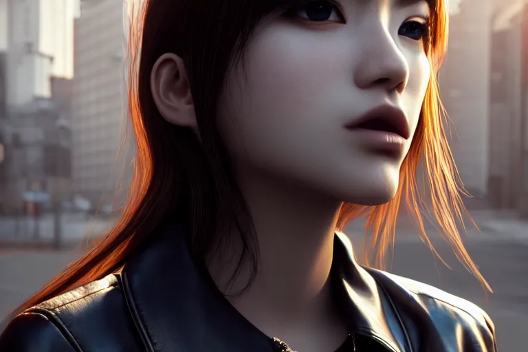 Image similar to extremely beautiful aesthetic girl with leather jacket in the urban city, occlusion shadow, specular reflection, rim light, unreal engine, octane render, artgerm, artstation, art by hiroaki samura and jiro matsumoto and yusuke murata, high quality, intricate detailed 8 k, beautiful shape of face and body, sunny day