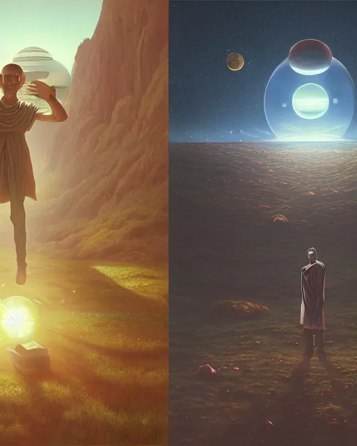 Image similar to highly detailed surreal vfx portrait of a futuristic monk in a rural farm with planets in background, stephen bliss, unreal engine, greg rutkowski, loish, rhads, beeple, makoto shinkai and lois van baarle, ilya kuvshinov, rossdraws, tom bagshaw, alphonse mucha, global illumination, detailed and intricate environment