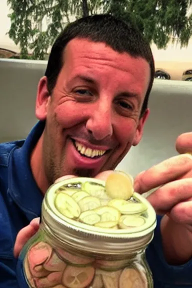 Image similar to a selfie of adam sandler eating a jar of pickles