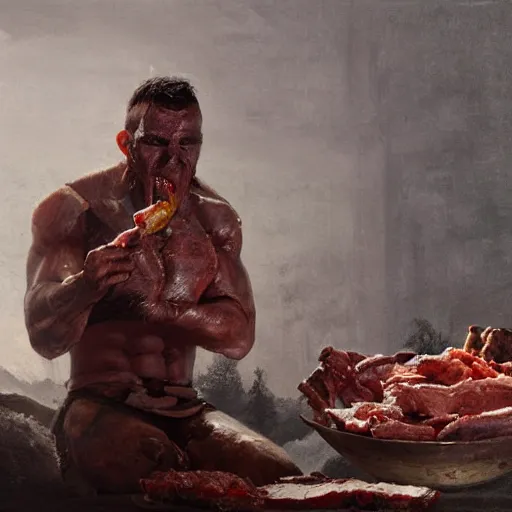 Image similar to an spartan man eating meat on a wooden bowl, Matte painting , detailed painting, greg rutkowski