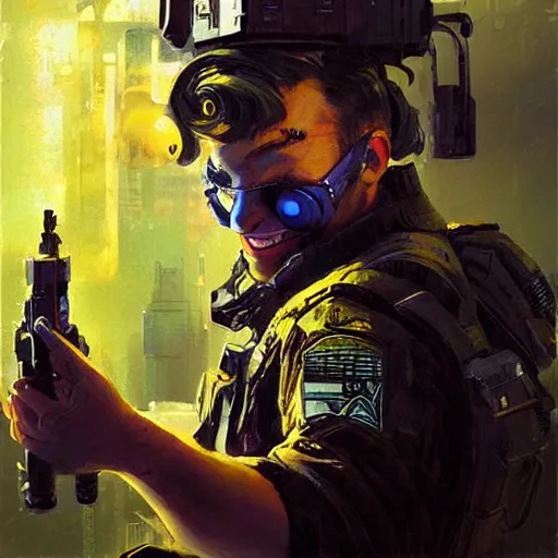 Image similar to portrait of soldier armed with a bubble gun. shadowrun cyberpunk fantasy detailed painting by craig mullins. cute bubbles and big smile