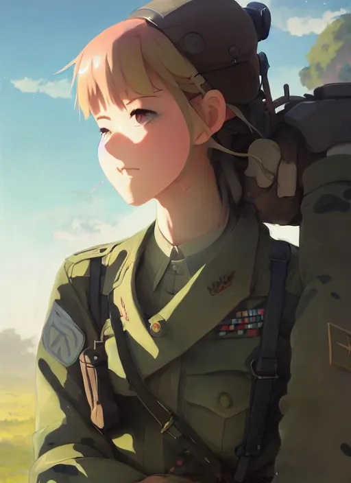 Image similar to portrait of cute soldier girl, cloudy sky background lush landscape illustration concept art anime key visual trending pixiv fanbox by wlop and greg rutkowski and makoto shinkai and studio ghibli and kyoto animation soldier clothing military gear realistic anatomy mechanized