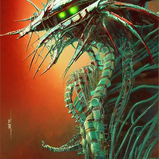 Image similar to a simple concept art portrait of a predatory robotic species. an award winning yoshitaka amano digital art poster color painting. a masterpiece by james gurney. poster colour on canvas.