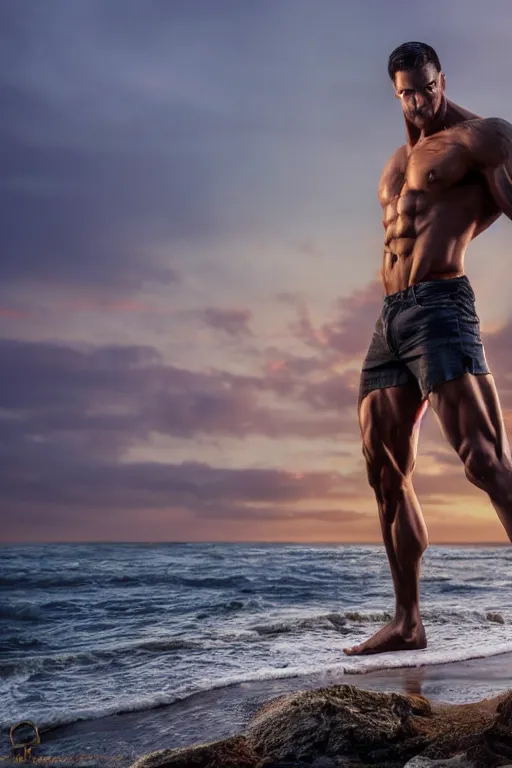 Prompt: a very muscular and defined man wearing ripped pants and shirt looking to the sea at sunset, godrays, complementary colors, natural lighting, portait image, path tracing, serene landscape, high quality, highly detailed, 8K, soft colors, warm colors, turbulent sea, high coherence, anatomically correct, hyperrealistic, concept art, defined face, five fingers, symmetrical