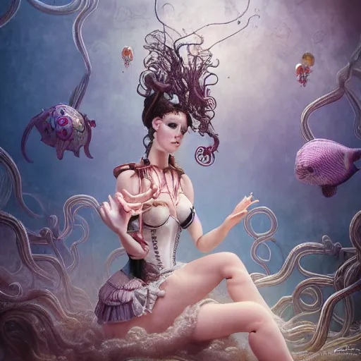 Prompt: photorealistic soft paint underwater render of a curiosities carnival with a single young beautiful doll in a full steampunk corset, multiples very long tentacles, symmetry accurate features, ominous depths, elegance, refractions, reflections, focus, rainbow lighting, very high details, award winning masterpiece, octane, artstation, squids, by tom bagshaw