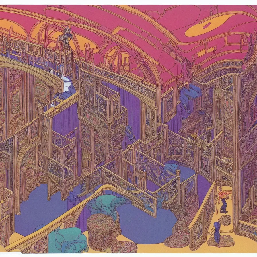 Prompt: ( ( ( ( inside of the huge castle, with decorative frame design ) ) ) ) by mœbius!!!!!!!!!!!!!!!!!!!!!!!!!!!, overdetailed art, colorful, artistic record jacket design