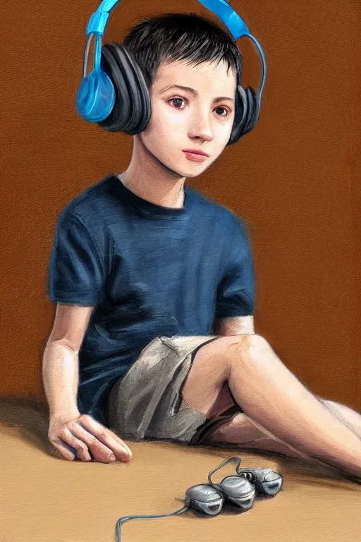 Prompt: a boy with headphones sitting on a table in a cafe, digital art, digital painting, masterpiece, concept art, trending on deviantart, highly detailed, high quality, anatomically correct, five fingers, cinematic, high coherence, soft lighting, soft colors, beautiful, elegant, short black hair, 4 k, symmetrical, realistic and detailed face, cartoon