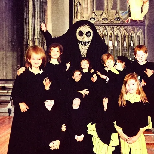 Image similar to ! dream vintage 1 9 8 0's dutch children's show, a happy photogenic group of children in black cult robes standing around a large giant evil demonic horrifying angry detailed monstrous demon creature inside a candlelit gothic cathedral