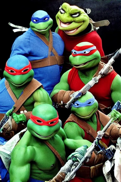 Image similar to Teenage Mutant Ninja Turtles as early 2000s boysband, realistic, photo, human-like