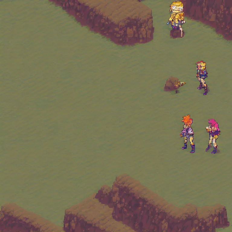 Image similar to screenshot from chrono trigger, isometric pixel art of a dramatically lit night time scene of two hikers wearing headphones and backpacks dancing quietly on a low rocky outcrop overlooking a wavy sea