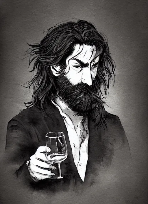 Prompt: portrait, a handsome Frenchman with beard and long black hair toasting with whiskey, the devil is in the background, watercolor, dramatic lighting, cinematic, establishing shot, extremely high detail, foto realistic, cinematic lighting, digital art, vector, by Yoshitaka Amano, Ruan Jia, Kentaro Miura, Artgerm, post processed, concept art, artstation, matte painting, style by eddie mendoza, raphael lacoste, alex ross