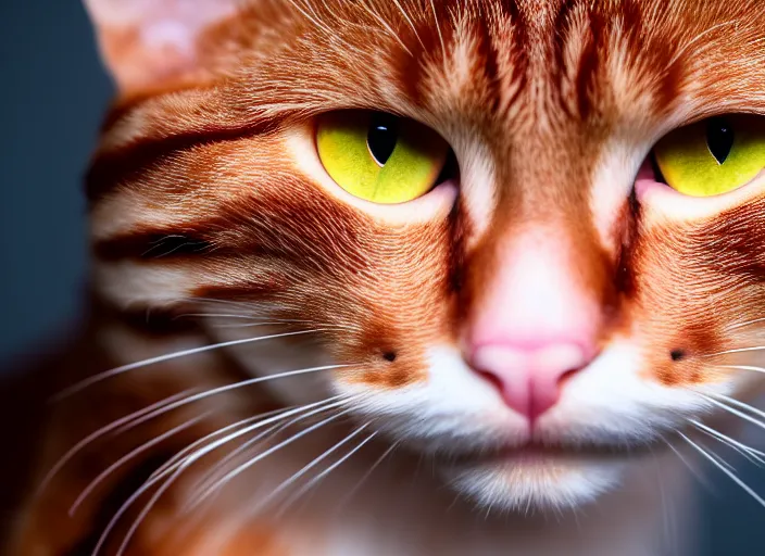 Image similar to 5 5 mm portrait photo of a redhead cat's face with ( ultra detailed cat - eyes ). highly detailed 8 k. intricate. lifelike. soft light. nikon d 8 5 0. cinematic post - processing