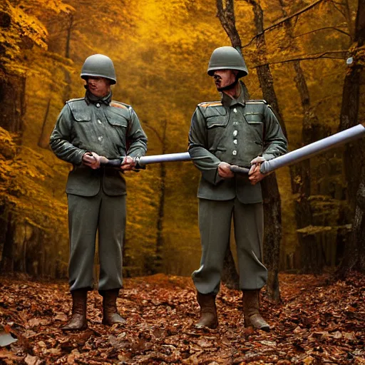 Prompt: portrait of soldiers armed with leaf blowers in a fall forest, by Steve McCurry and David Lazar, natural light, detailed face, CANON Eos C300, ƒ1.8, 35mm, 8K, medium-format print