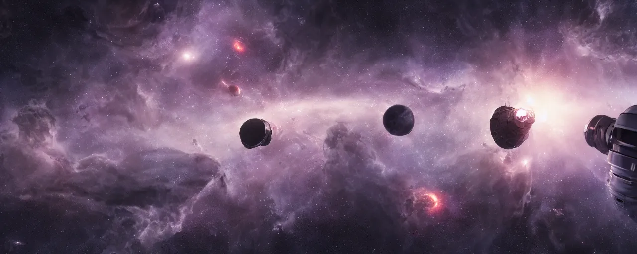 Image similar to movie still, thin galactic horizon, a dark epic galaxy, space scene, dark scifi, unreal engine, octane render, detailed and intricate, global illumination, volumetric lighting, hubble telescope images, james webb telescope images, houdini fluid simulation, detailed and intricate environment