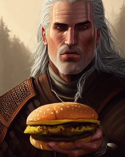 Image similar to portrait of geralt of rivia eating a big hamburger, fantasy, intricate, elegant, highly detailed, digital painting, artstation, concept art, smooth, sharp focus, illustration, by artgerm and greg rutkowski