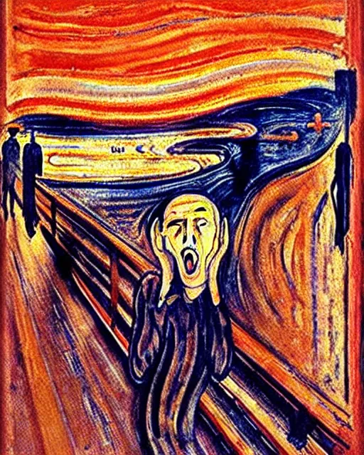 Prompt: the scream by Edvard Munk, in the style of Egon Schiele