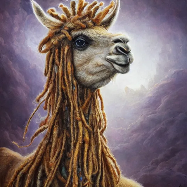 Image similar to llama with dreadlocks, by mandy jurgens, ernst haeckel, ron embleton, james jean