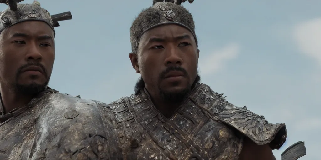 Image similar to a film still of a black man starring in a japanese blockbuster film as san ancient samurai, shallow depth of field, cinematic, award winning cgi, vfx, film still