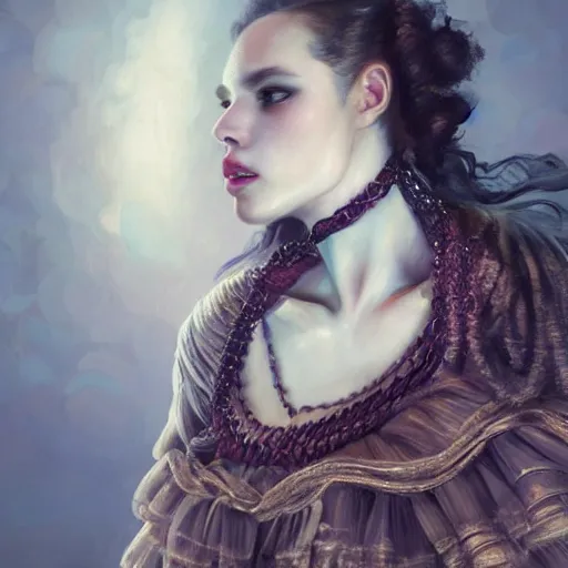 Image similar to A masterpiece portrait of a Incredibly beautiful futuristic high fashion queer model girl with a large luxurious Victorian necklace made of barbred wire. Rococo dress from wax. trending on artstation, digital art, by Stanley Artgerm Lau, WLOP, Rossdraws, James Jean, Andrei Riabovitchev, Marc Simonetti, Yoshitaka Amano