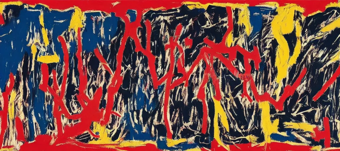 Image similar to a mountain range landscape by jean - michel basquiat, texture. pollock, warhol, basquiat