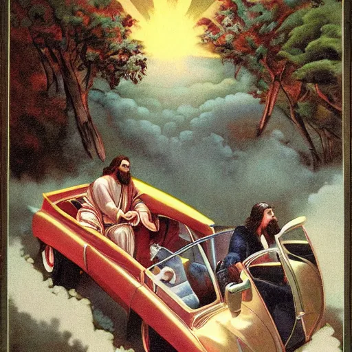 Prompt: jesus driving a car