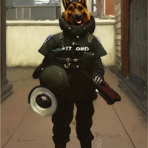 Prompt: new york city portrait of furry anthro anthropomorphic german shepard head animal person fursona wearing clothes police uniform in the alley, sunny day, digital art by Nerdrum John, William Waterhouse, Winslow Homer, Alex Heywood, Jordan Grimmer, Darren Quach, Greg Rutkowski, Simon Stalenhag, trending on Artstation, CGSociety