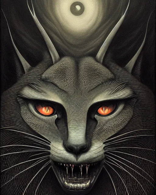 Image similar to anthropomorphic caracal wearing vr, character portrait, portrait, close up, concept art, intricate details, highly detailed, horror poster, horror, vintage horror art, dark, gritty, realistic, terrifying, in the style of michael whelan, beksinski, and gustave dore