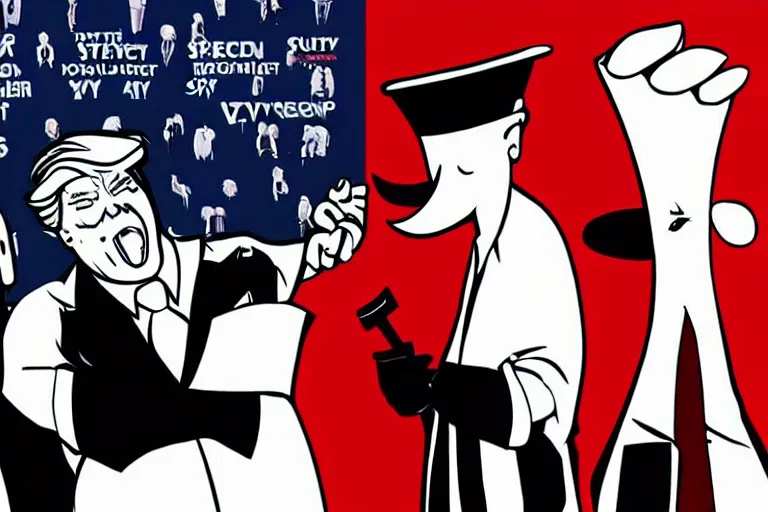 Image similar to 2 d poster illlustration donald trump and donald trump wearing trenchcoats and black spy hats for the movie spy vs spy