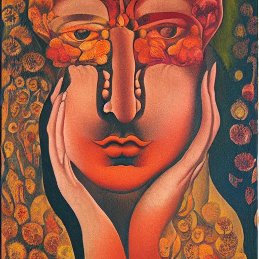 Image similar to floral face portrait by leonetto cappiello and wojciech siudmak and ernst fuchs, anni albers, oil on canvas