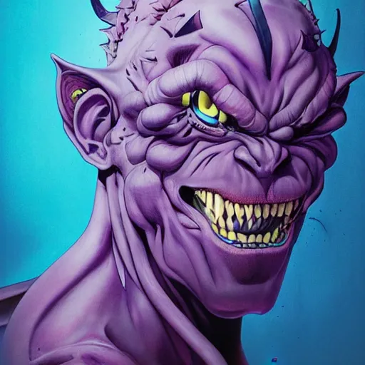 Image similar to prompt : purple oni demon portrait soft light painted by james jean and katsuhiro otomo and erik jones, inspired by evangeleon anime, smooth face feature, intricate oil painting, high detail illustration, sharp high detail, manga and anime 1 9 9 9