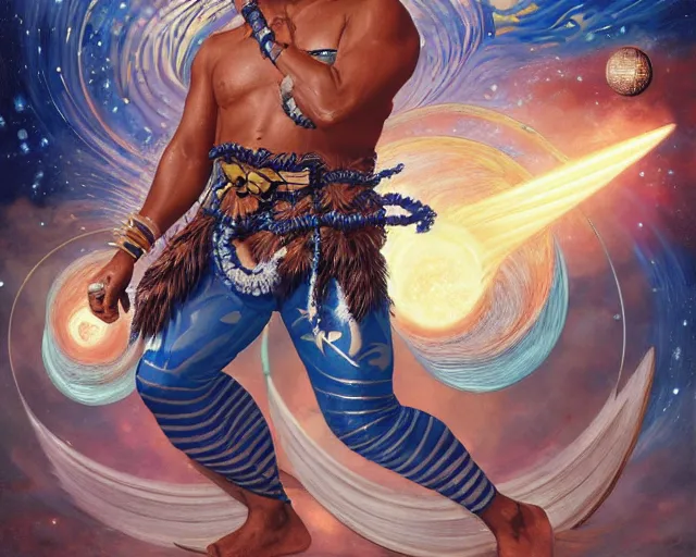 Image similar to duke kahanamoku as a hawaiian warrior surrounded by intergalactic planets connected by streams of multiversal flow, sigma male, gigachad, visually stunning, luxurious, by wlop, james jean, jakub rebelka, tran nguyen, peter mohrbacher, yoann lossel