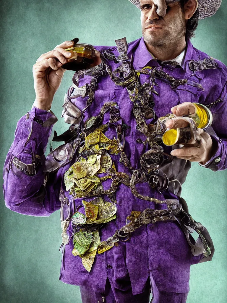 Image similar to professional corporate portrait closeup headshot profile picture of cowboy snake oil salesman wearing purple green medieval armour with snake oil stimulant tonic formula tincture dripping from his lips and dollar bill print tinted skin, by Greg Rutkowski, 8K, hyper detailed, realistic, by onesal, by sixnfive , behance 3d , studio photography DSLR, Photoreal epic composition