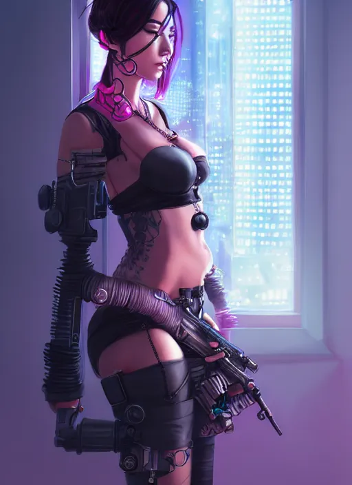 Image similar to cyberpunk lady in mafia, wide angle view, flowers, blue black pink, gold, diamonds, highly detailed, artgerm, cushart krenz, artstation, soft light, sharp focus, illustration, character design, concept art