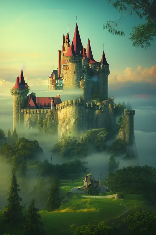Prompt: beatiful castle in the clouds, romantic, atmospheric, wide shot, vaporwave colors, realistic, 4 k, volumetric lighting