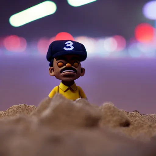 Image similar to a cinematic film still of a claymation stop motion film starring chance the rapper as a college student, shallow depth of field, 8 0 mm, f 1. 8