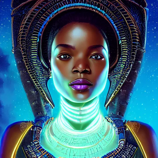 Image similar to highly detailed portrait of an african neon egyptian goddess, intricate alien technology, stephen bliss, unreal engine, fantasy art by greg rutkowski, loish, rhads, ferdinand knab, makoto shinkai and lois van baarle, ilya kuvshinov, rossdraws, tom bagshaw, global illumination, radiant light, detailed and intricate environment