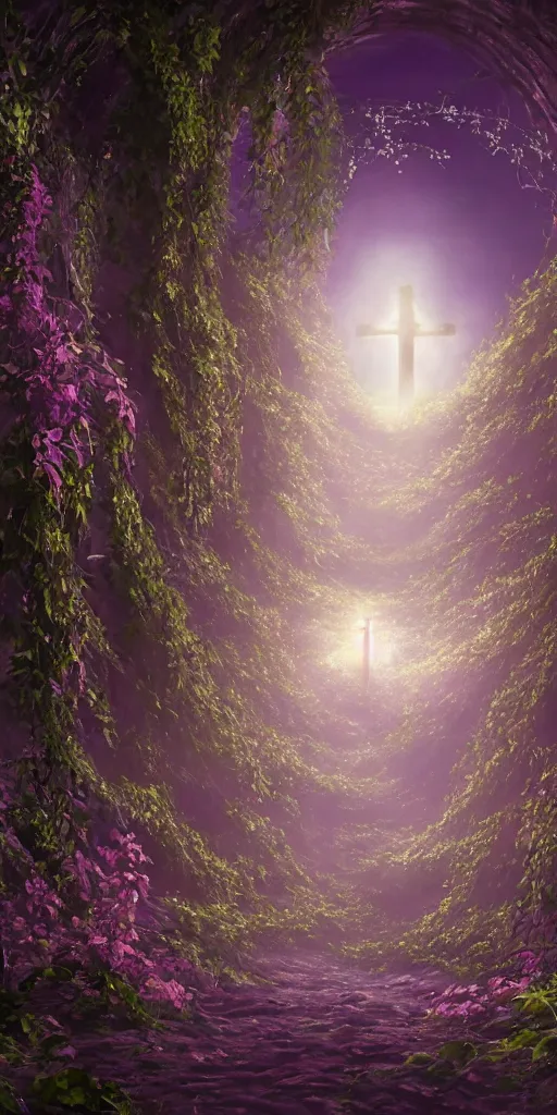 Image similar to a christian cross as the light at the end of the tunnel, with pale purple and pale pink lighting, with a few vines and overgrowth, studio ghibli, cinematic, realistic painting, high definition, digital art, symmetrical, very detailed, extremely high detail, photo realistic, concept art, unreal engine 5,