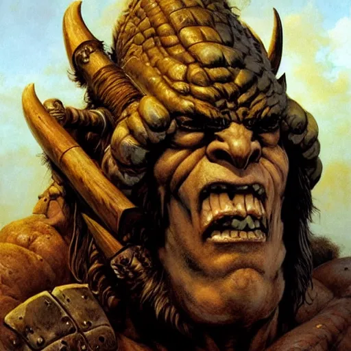 Image similar to head and shoulders portrait of an ogre barbarian, d & d, fantasy, greg rutkowski, frank frazetta, alexandre chaudret, boris vallejo, michael whelan, miro petrov, hr giger, magali villeneuve, donato giancola