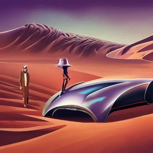 Image similar to futuristic chrome car in desert, ad by tyler edlin and petros afshar and christopher balaskas and marius borgeaud and kiliain eng, atomic age maximalist, art nouveau, well proportioned, highly detailed