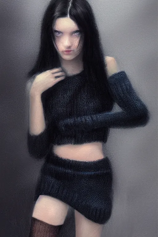 Image similar to portrait of teenage girl with glossy black hair, blue eyes, glowing porcelain skin, fashion model features, dar!dream portrait of teenage girl with glossy black hair, blue eyes, glowing porcelain skin, fashion model features, dark sweater, dark academia, intricate, elegant, black dress, highly detailed, digital painting, artstation, concept art, smooth, sharp focus, illustration, art by Krenz Cushart and Artem Demura and alphonse mucha