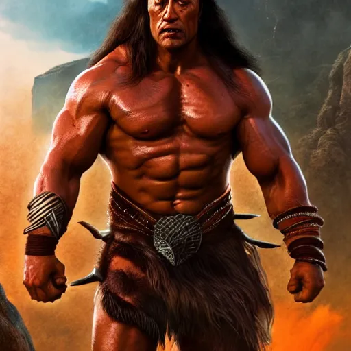 Image similar to Dwayne Johnson as Conan the Barbarian, 4k, artstation, cgsociety, award-winning, masterpiece, stunning, beautiful, glorious, powerful, fantasy art