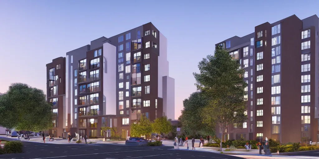 Prompt: contemporary architectural rendering of a multi - family apartment building, three quarter view, full page periodical image, dramatic lighting, night time, lit windows