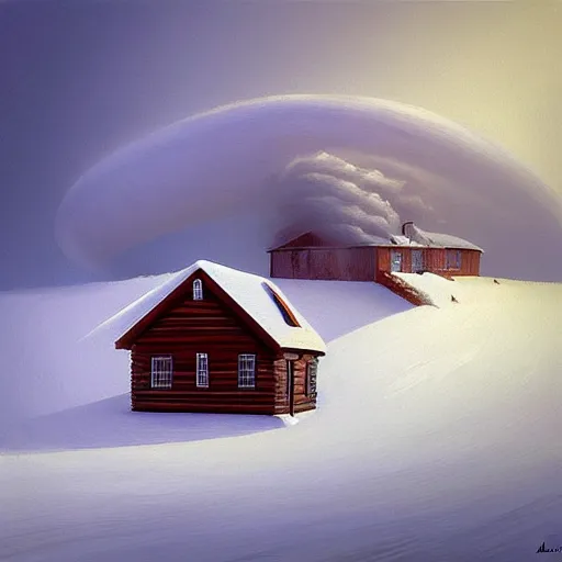 Image similar to a cabin on a hill, smoke rising from the pipe, snowstorm, winter, by alex andreev