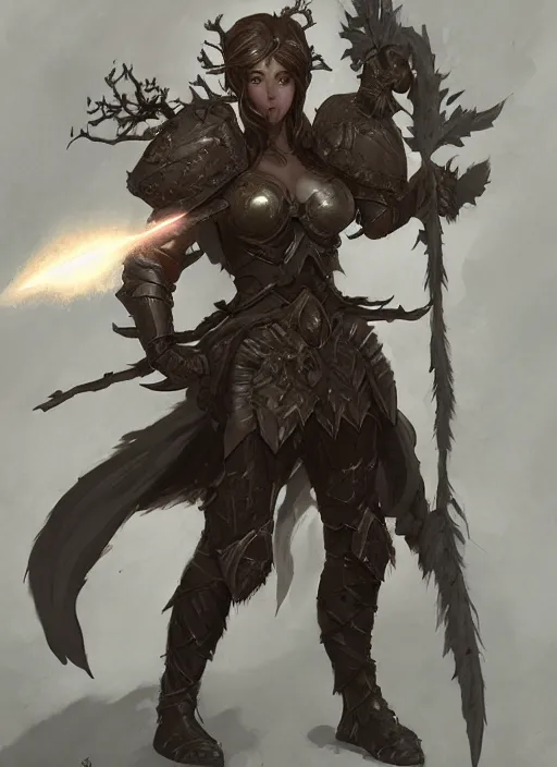 Prompt: Dryad female warrior in heavy armour. In style of Hyung-tae Kim, Greg Rutkowski and Larry Elmore, concept art, trending on ArtStation, Korean MMORPG, over-detailed art, 8K, epic, dynamic lightning, scenery.