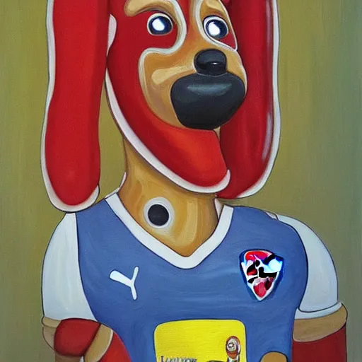 Image similar to a painting portrait of humanoid hot dogs in arsenal jersey, studio ghibli,