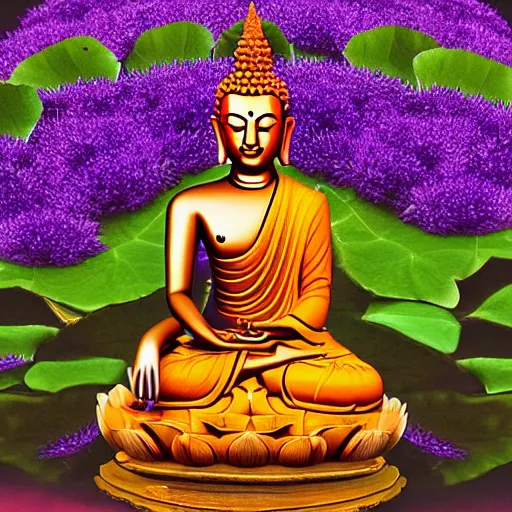 Image similar to The Buddha sitting on a purple Lotus Flower + Buddhist Art + Depth of Field + 4k resolution